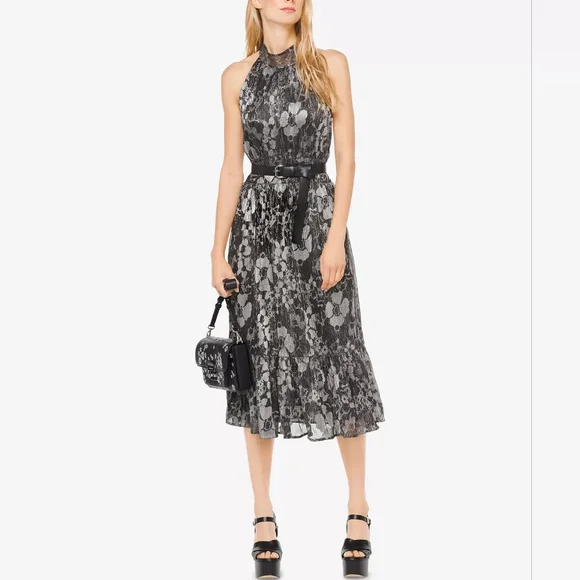 Michael Kors | Dresses | Michael Michael Kors Silver Metallic Tiered Halter  Midi Dress M Nwot | Poshmark
